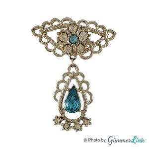 Vintage Blue Rhinestones Floral Dangling Teardrop Gold Tone Brooch